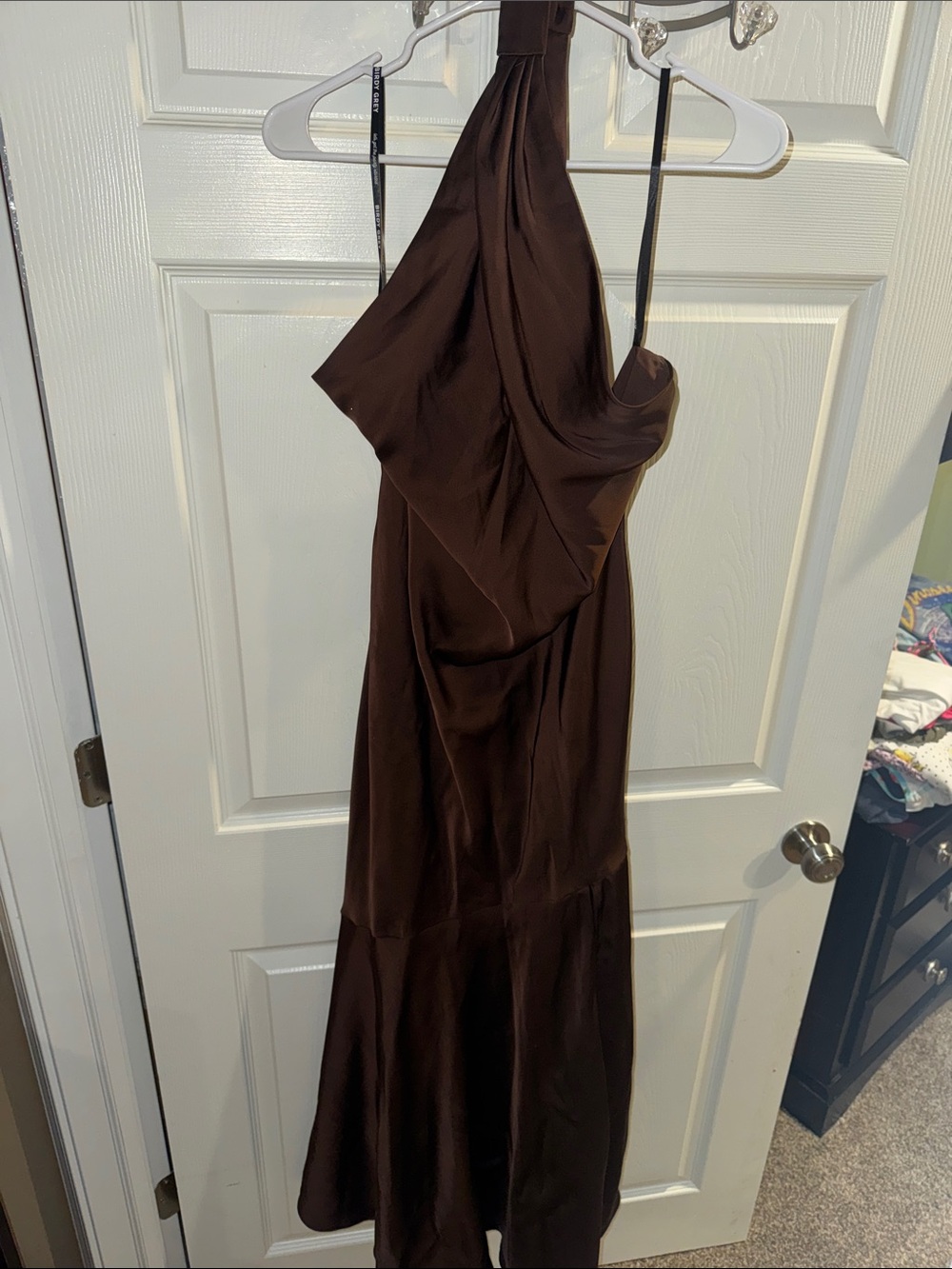 Birdy Grey Chocolate Brown Halter Satin Evening Dress